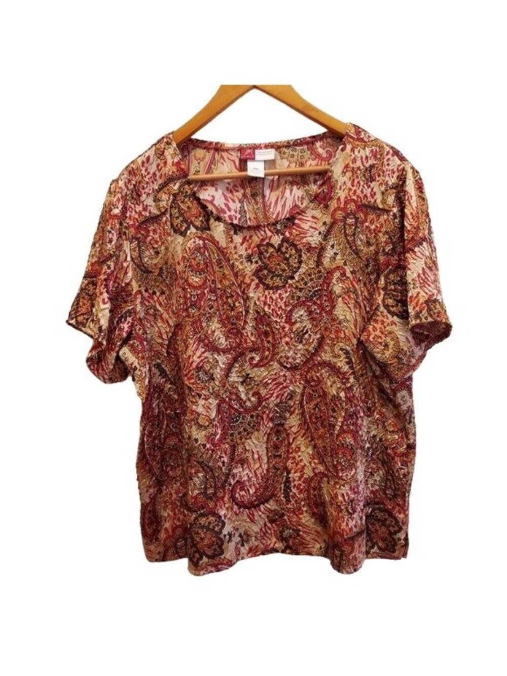 JM Collection Top Womens 20W Paisley pop over Blouse Colorful Gold Red crinkle
